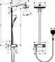 Hansgrohe Duschsystem mit regenduschähnlichem Kopf und Handbrause. Enthält eine Wandhalterung und verstellbare Elemente zur Montage. Technische Zeichnung mit Maßen.